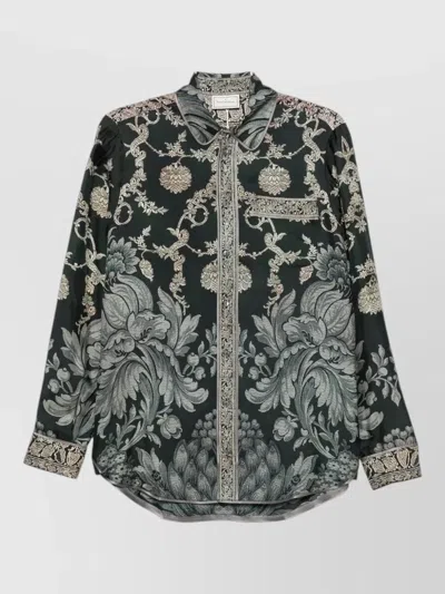 Pierre Louise Mascia Silk Shirt Floral Print Curved Hem In Green