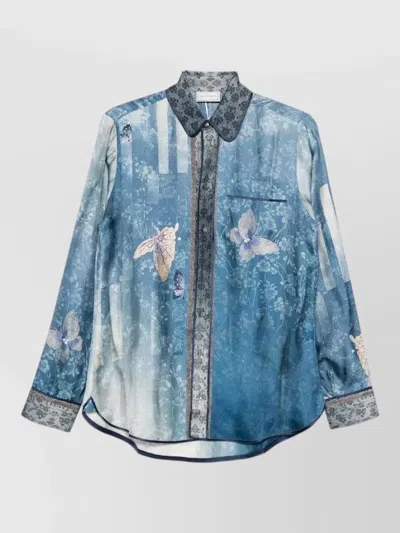 Pierre Louise Mascia Silk Shirt Long Sleeves Floral Butterfly In Blue