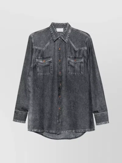 Pierre Louise Mascia Silk Shirt With Denim Pattern And Pockets In Black
