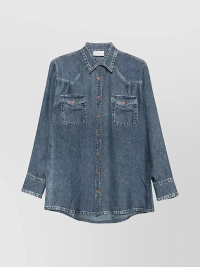 Pierre Louise Mascia Silk Shirt With Denim Pattern And Pockets In Blue