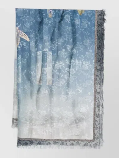 Pierre Louise Mascia Silk Stole Border Print Floral Pattern In Blue