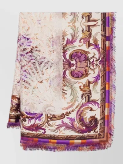 Pierre Louise Mascia Silk Stole Floral Print Fringed Edges In Brown