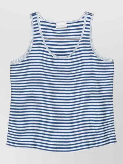 Pierre Louise Mascia Silk Striped Scoop Neck Sleeveless Top In Blue