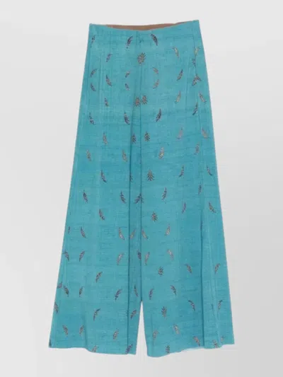 Pierre Louise Mascia Silk Trousers Belt Loops Button Embroidery In Blue