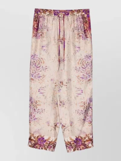 Pierre Louise Mascia Silk Trousers Cropped Floral Pattern Stripe In Purple
