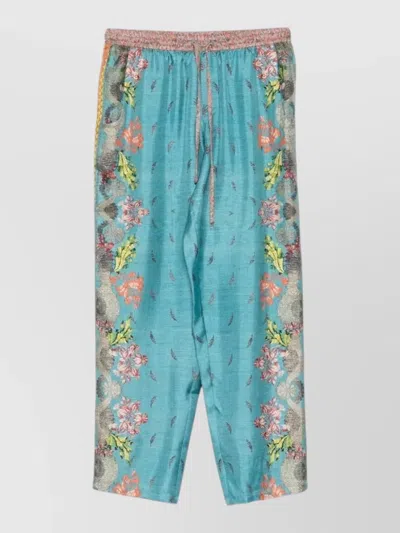 Pierre Louise Mascia Silk Trousers Cropped Floral Print Stripes In Blue