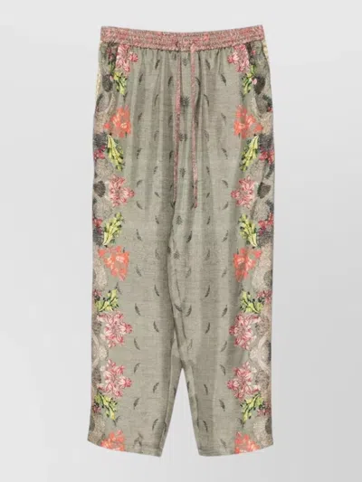 Pierre Louise Mascia Silk Trousers Cropped Length Floral Stripes In Gray