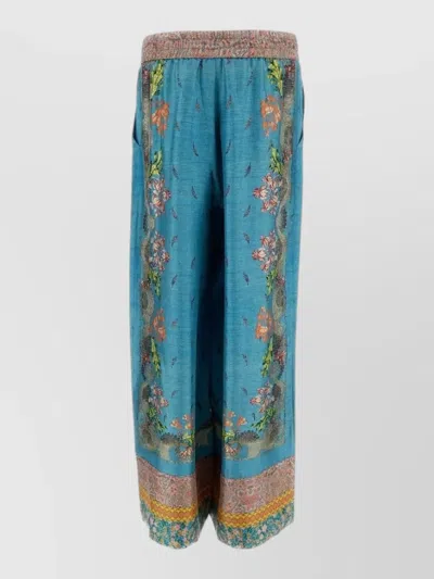 Pierre Louise Mascia Silk Trousers Floral Print Cropped Length In Blue