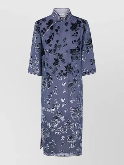Pierre Louise Mascia Vefio Dress Floral Velvet Mandarin Collar In Blue