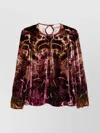 Pierre Louise Mascia Velvet Printed Long Sleeve Top With Buttoned Cuffs In Brown