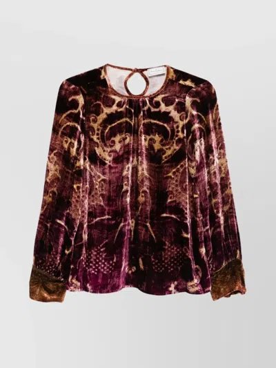 Pierre Louise Mascia Velvet Printed Long Sleeve Top With Buttoned Cuffs In Brown