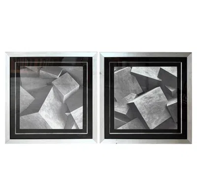 Pre-owned Pierre Sabatier Pair Minimalist Felt Prints Framed In Vintage Metal Trim Frames Monochromatic In Gray