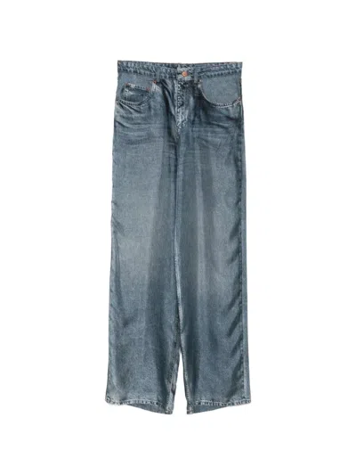 Pierre-louis Mascia Aloe Denim-print Silk Trousers In Blue