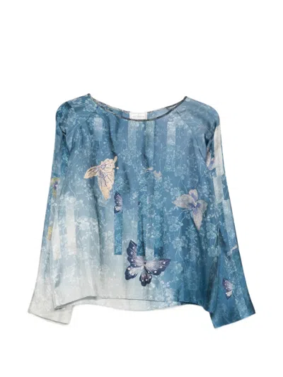 Pierre-louis Mascia Butterfly-print Long-sleeve Blouse In Blue