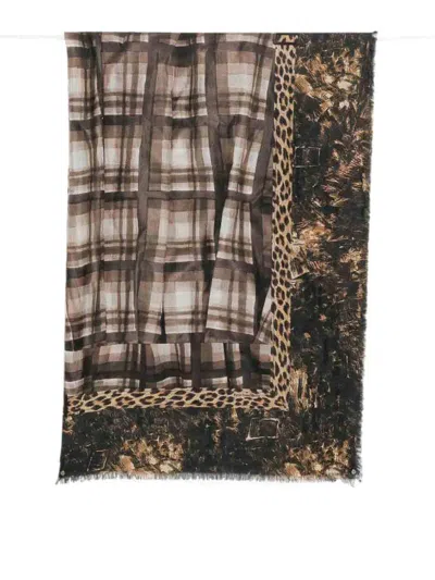 Pierre-louis Mascia Check-print Leopard-pattern Scarf In Brown