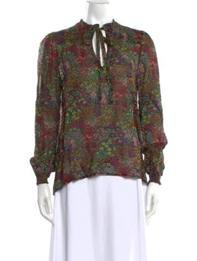 Pre-owned Pierre-louis Mascia Floral Print Tie Neck Blouse In Green