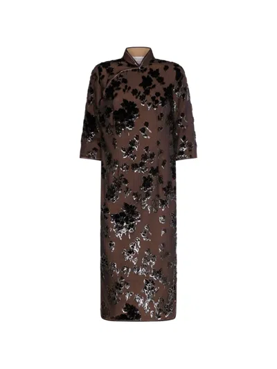 Pierre-louis Mascia Floral-velvet Mandarin-collar Dress In Brown