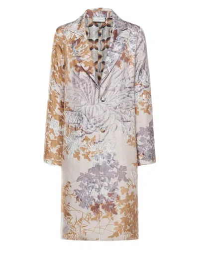 Pierre-louis Mascia Long Coat With Intricate Botanical Motifs And Notched Lapel In Multi