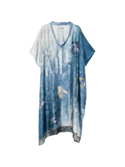 Pierre-louis Mascia Pierre Louis Mascia Women's V-neck Short Sleeves Border Print Printed Silk Kaftan In Blue