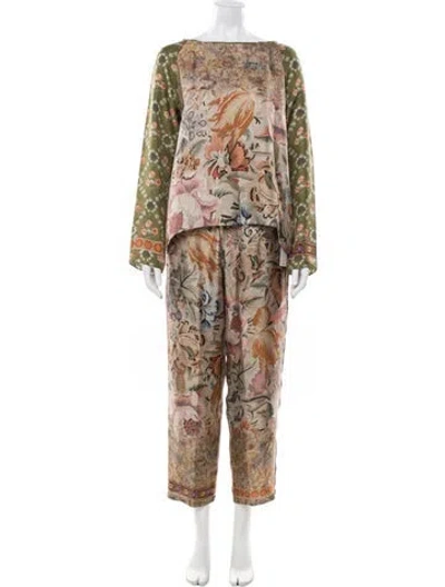 Pre-owned Pierre-louis Mascia Silk Floral Print Pant Set In Neutrals