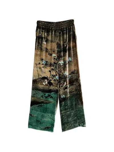 Pierre-louis Mascia Velvet-effect Landscape-print Trousers In Green