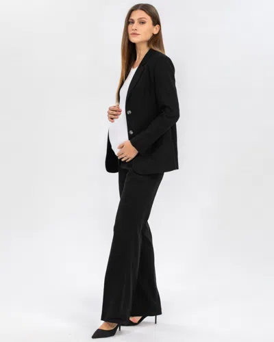Pietro Brunelli Maternity Maternity Linen Mix Textured Elastic Waist Flared Robert Trousers In Black