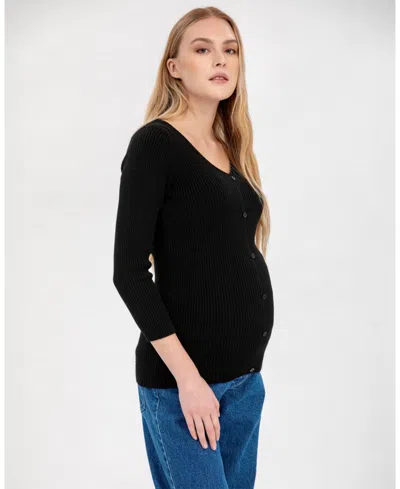 Pietro Brunelli Maternity Maternity Ribbed Bella Sweater With Button Detail V-neck 3/4 Sleeve In Black