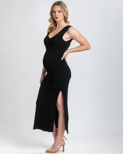 Pietro Brunelli Maternity Maternity Soft Viscose Knit V-neck Side Slit Dalia Dress In Black