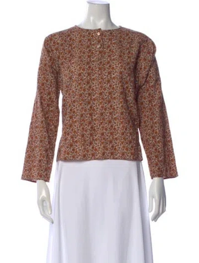 Pre-owned Pietsie Floral Print Crew Neck Top In Brown