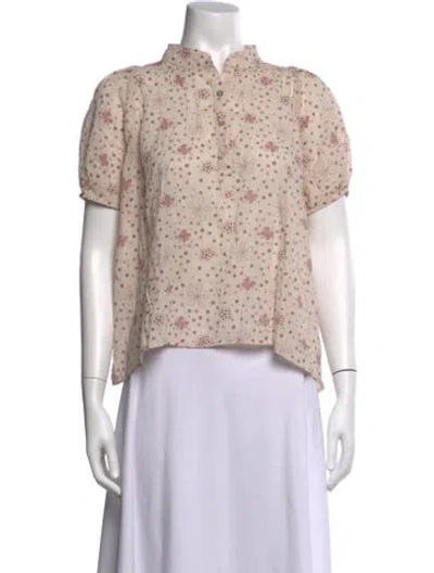 Pre-owned Pietsie Floral Print Mock Neck Button-up Top In Neutrals
