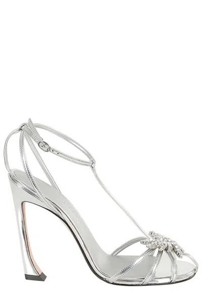 Piferi Silver Mirrored Laminated Leather Sandal With Rhinestone Detail