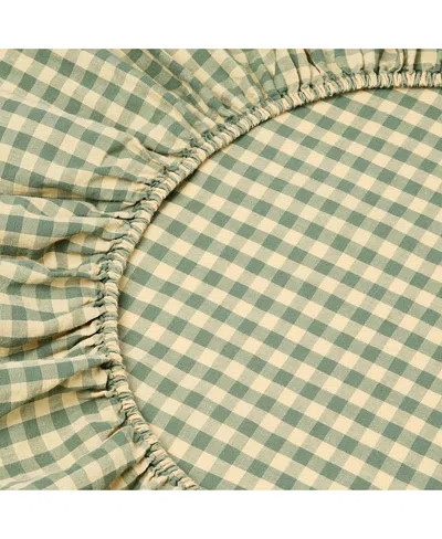 Piglet In Bed Colour Drench Gingham Linen Blend Fitted Sheet, Queen In Green