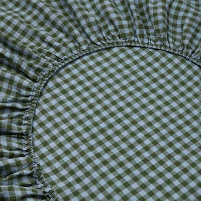 Piglet In Bed Colour Drench Gingham Linen Blend Fitted Sheet, Twin In Green