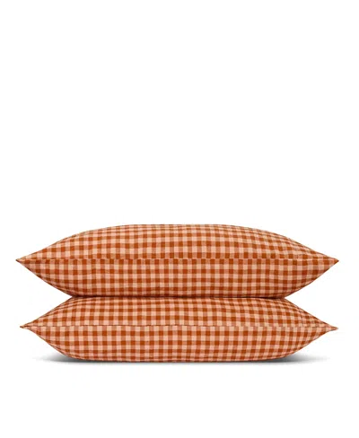 Piglet In Bed Colour Drenched Gingham Linen Blend Pillowcase Pair, King In Orange