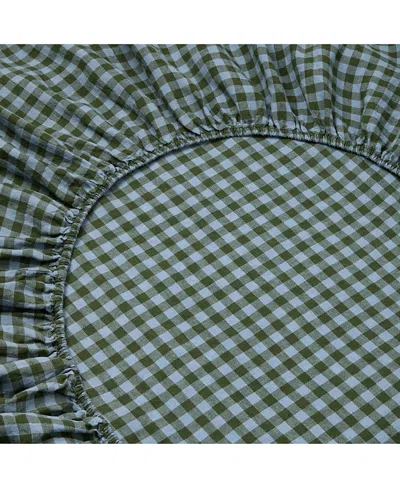 Piglet In Bed Colour Drenched Gingham Linen Fitted Sheet, Queen In Green