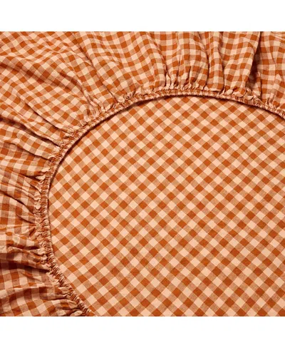 Piglet In Bed Colour Drenched Gingham Linen Fitted Sheet, Queen In Orange