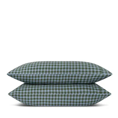 Piglet In Bed Colour Drenched Gingham Linen Pillowcase Pair, Standard In Green