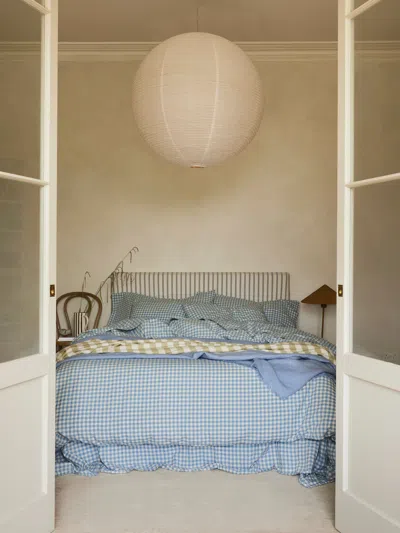 Piglet In Bed Gingham Linen Blend Duvet Cover In Warm Blue Gingham