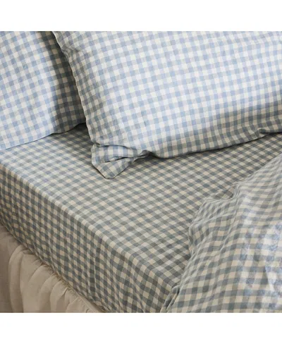 Piglet In Bed Gingham Linen Blend Fitted Sheet, California King In Warm Blue Gingham