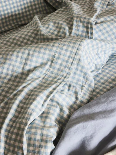 Piglet In Bed Gingham Linen Blend Flat Sheet In Warm Blue Gingham