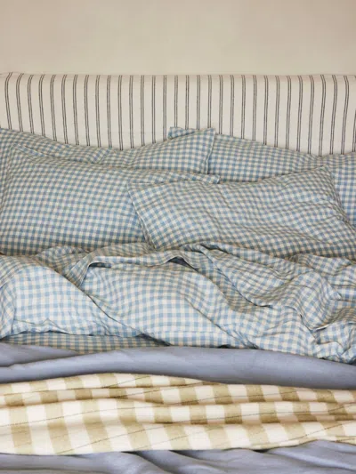 Piglet In Bed Gingham Linen Blend Pillowcase Pair In Warm Blue Gingham