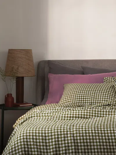 Piglet In Bed Gingham Linen Duvet Cover In Botanical Green Gingham