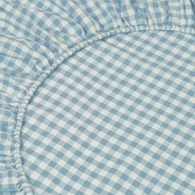 Piglet In Bed Gingham Linen Fitted Sheet In Blue