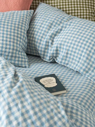 Piglet In Bed Gingham Linen Fitted Sheet In Warm Blue Gingham