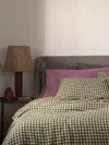 Piglet In Bed Gingham Linen Flat Sheet In Botanical Green Gingham