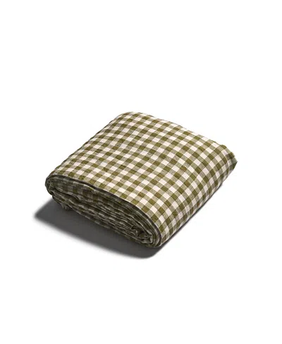 Piglet In Bed Gingham Linen Flat Sheet, Full Size In Botanical Green Gingham