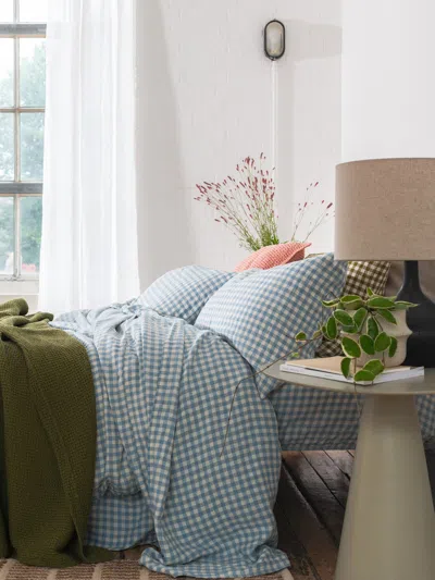 Piglet In Bed Gingham Linen Flat Sheet In Warm Blue Gingham