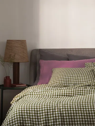 Piglet In Bed Gingham Linen Pillowcase Pair In Botanical Green Gingham