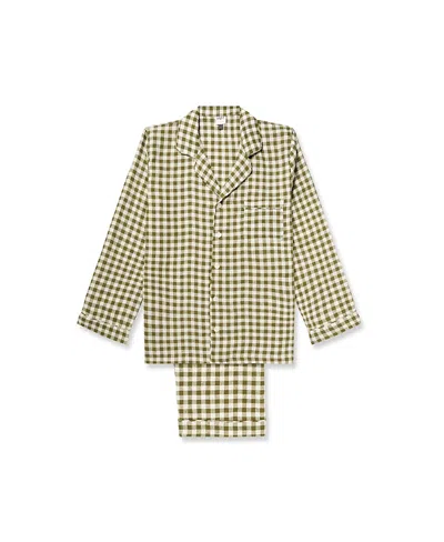 Piglet In Bed Men's Gingham Linen Pajama Set In Botanical Green Gingham
