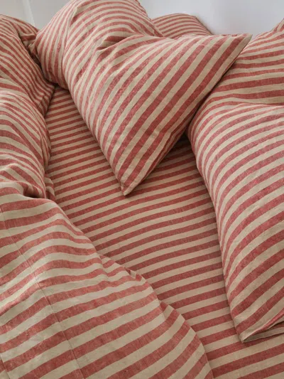 Piglet In Bed Pembroke Stripe Linen Blend Fitted Sheet In Sandstone Red